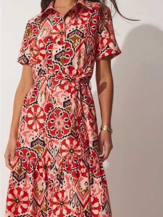 Zara Dresses & Skirts - Zara Red and Pink Floral Midi Shirt Dress